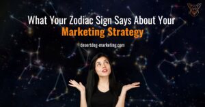 Zodiac sign as marketing strategies, with a girl curious below.